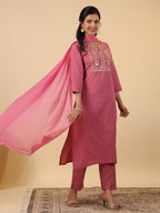 Janasya Straight Magics Slub Pink Embroidered Notch Neck Kurta,Bottom & Dupatta | Grocsy
