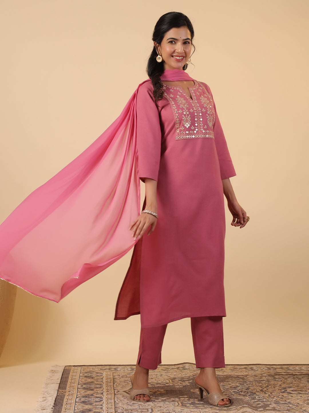 Janasya Straight Magics Slub Pink Embroidered Notch Neck Kurta,Bottom & Dupatta | Grocsy