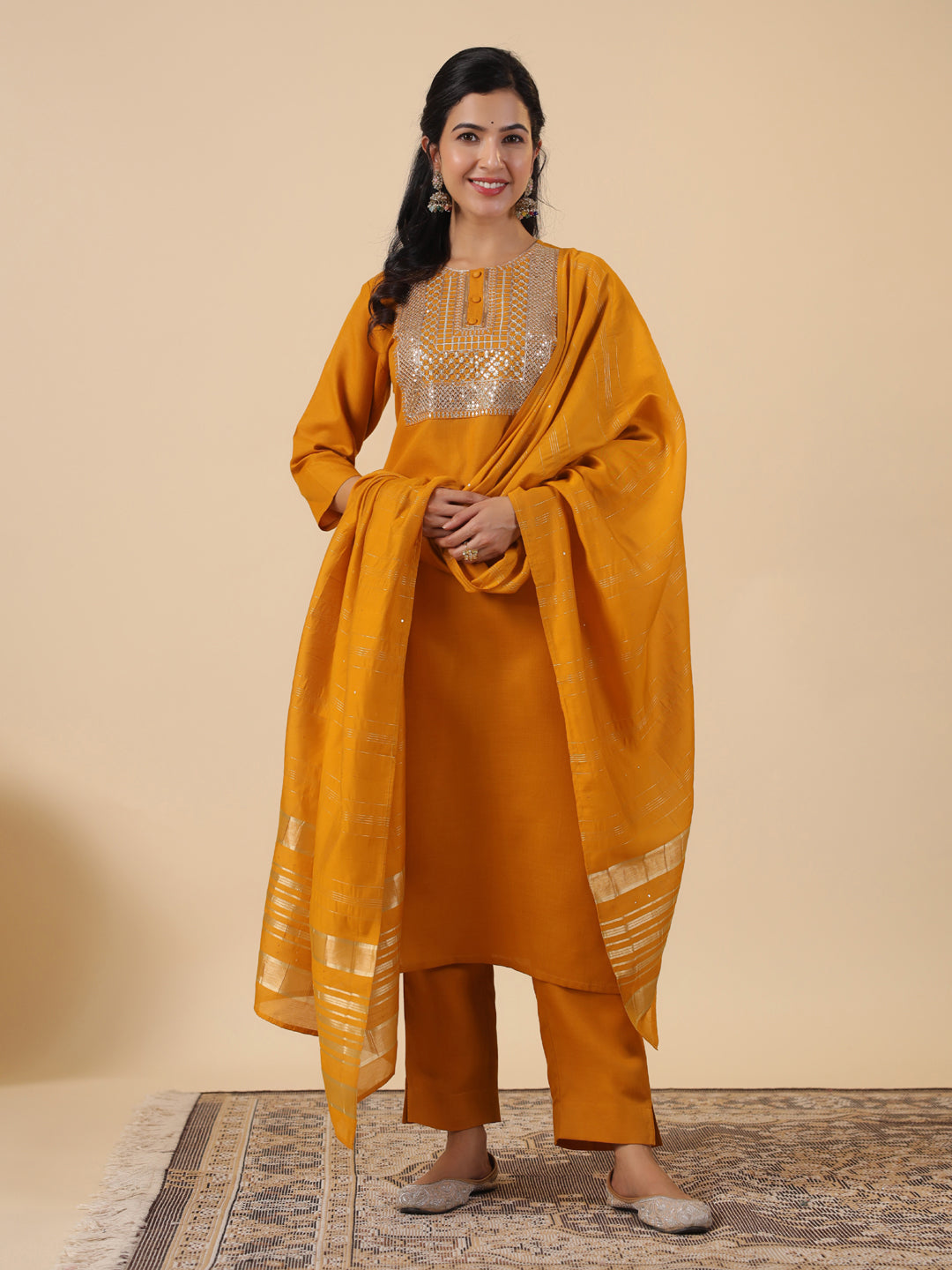 Janasya Regular Magics Slub Mustard Embroidered Round Neck Kurta,Bottom & Dupatta | Grocsy