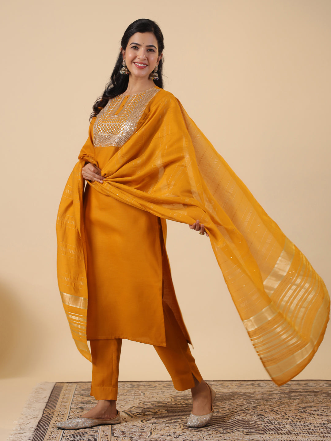 Janasya Regular Magics Slub Mustard Embroidered Round Neck Kurta,Bottom & Dupatta | Grocsy