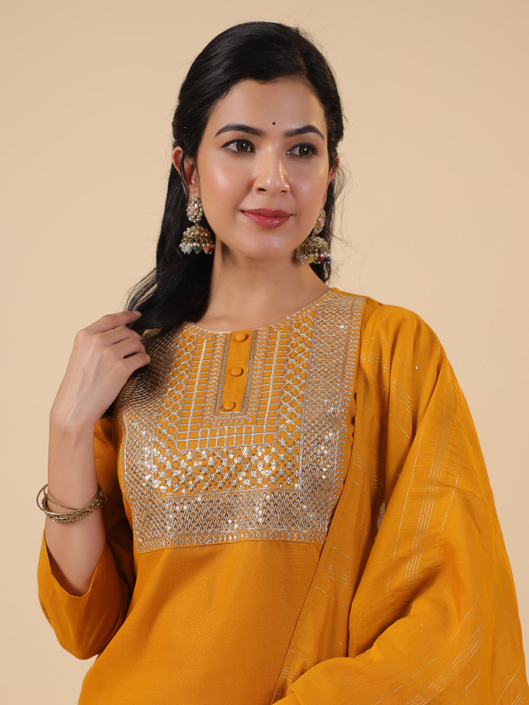 Janasya Regular Magics Slub Mustard Embroidered Round Neck Kurta,Bottom & Dupatta | Grocsy