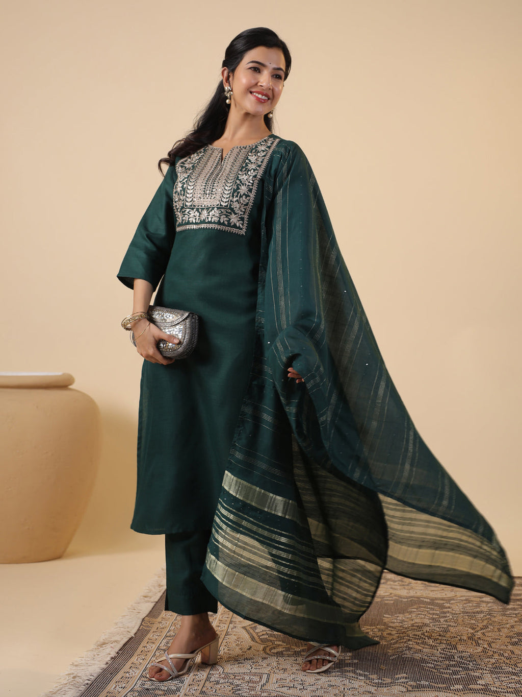 Janasya Straight Magics Slub Dark Green Yoke Embroidery Notch Neck Kurta,Bottom & Dupatta | Grocsy