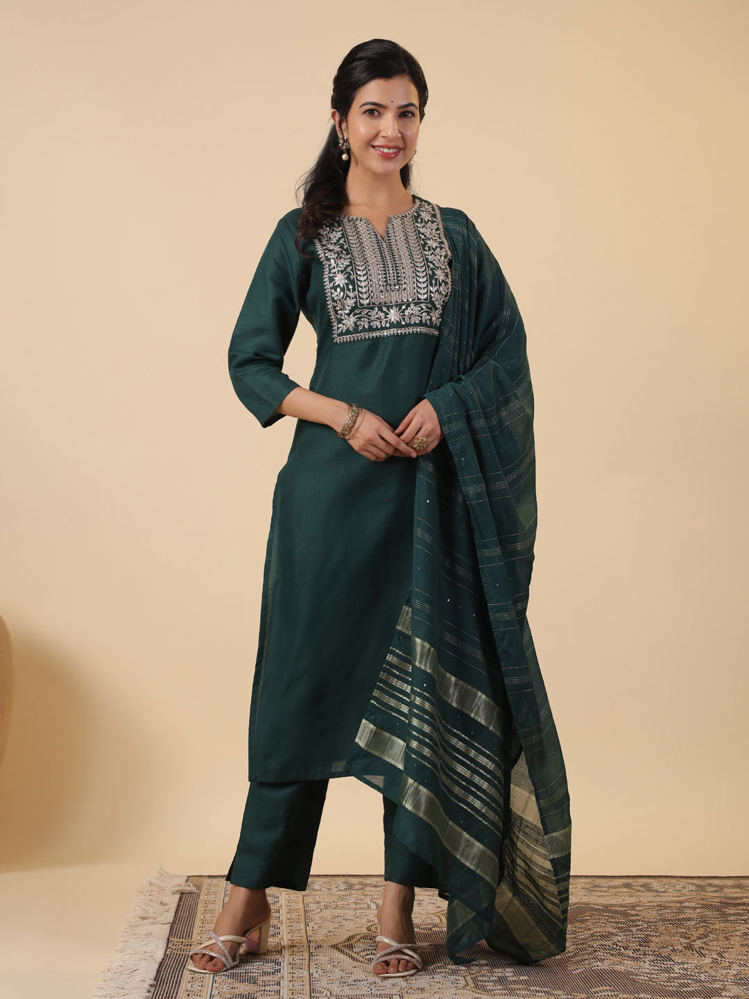 Janasya Straight Magics Slub Dark Green Yoke Embroidery Notch Neck Kurta,Bottom & Dupatta | Grocsy