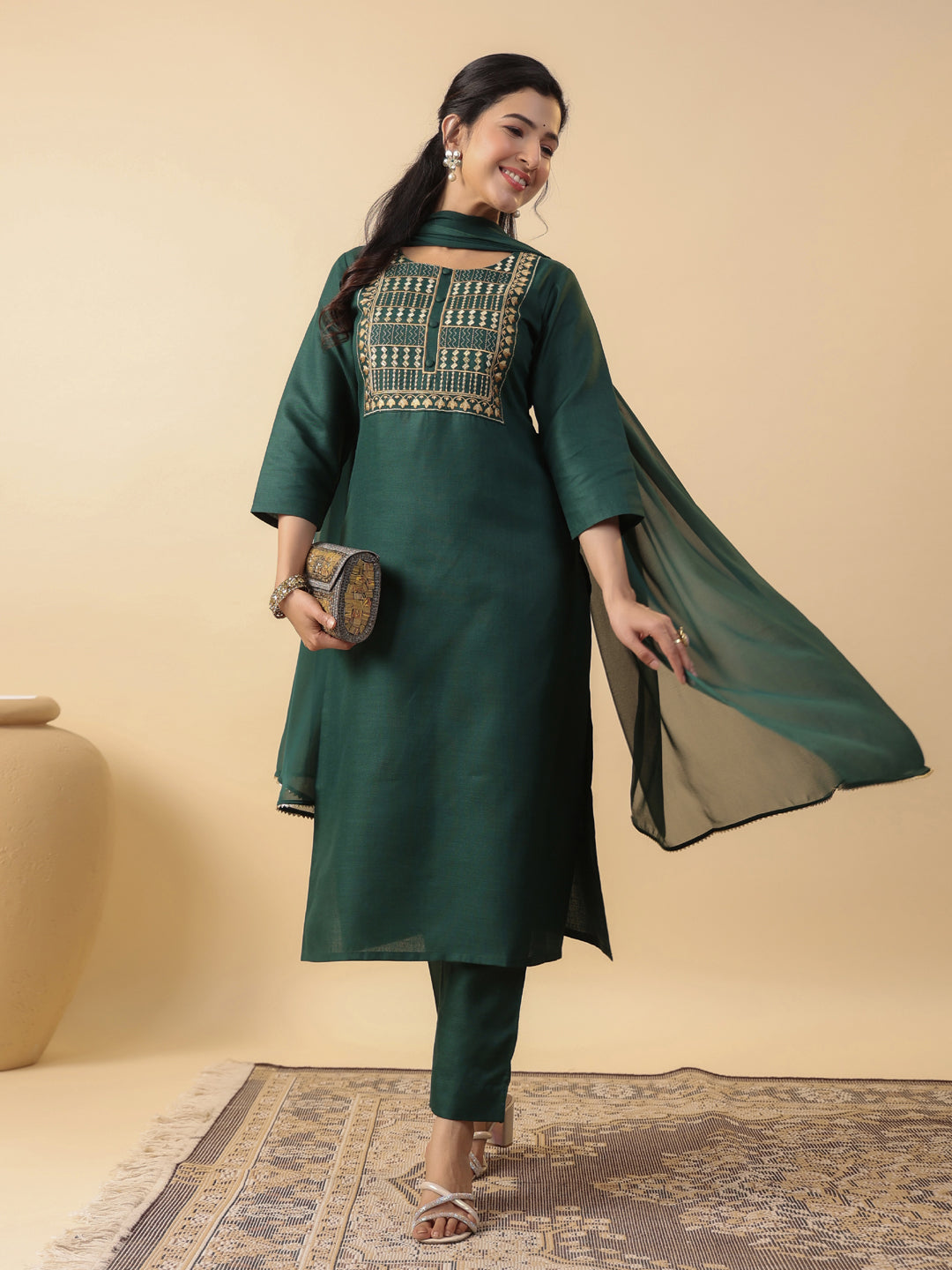 Janasya Straight Magics Slub Dark Green Yoke Embroidery Round Neck Kurta,Bottom & Dupatta | Grocsy