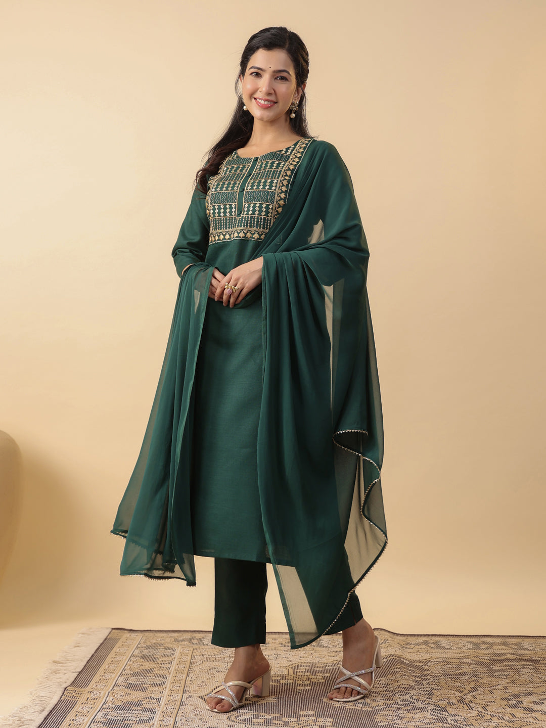 Janasya Straight Magics Slub Dark Green Yoke Embroidery Round Neck Kurta,Bottom & Dupatta | Grocsy