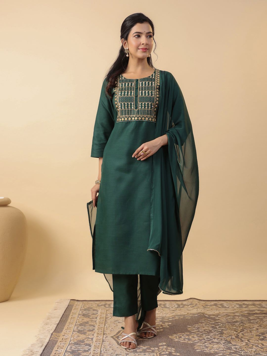 Janasya Straight Magics Slub Dark Green Yoke Embroidery Round Neck Kurta,Bottom & Dupatta | Grocsy