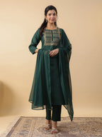 Janasya Straight Magics Slub Dark Green Yoke Embroidery Round Neck Kurta,Bottom & Dupatta | Grocsy