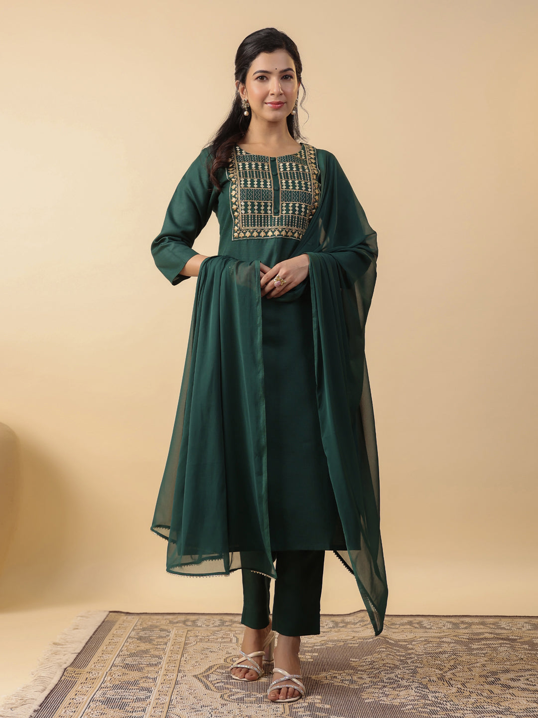 Janasya Straight Magics Slub Dark Green Yoke Embroidery Round Neck Kurta,Bottom & Dupatta | Grocsy