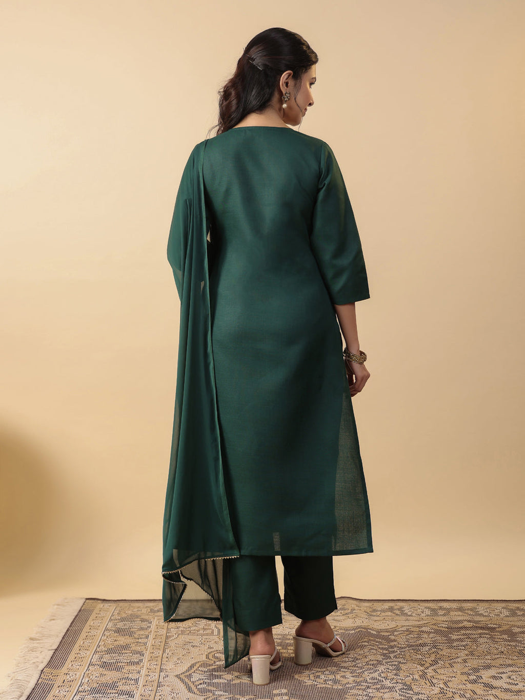 Janasya Straight Magics Slub Dark Green Yoke Embroidery Round Neck Kurta,Bottom & Dupatta | Grocsy