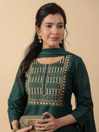 Janasya Straight Magics Slub Dark Green Yoke Embroidery Round Neck Kurta,Bottom & Dupatta | Grocsy