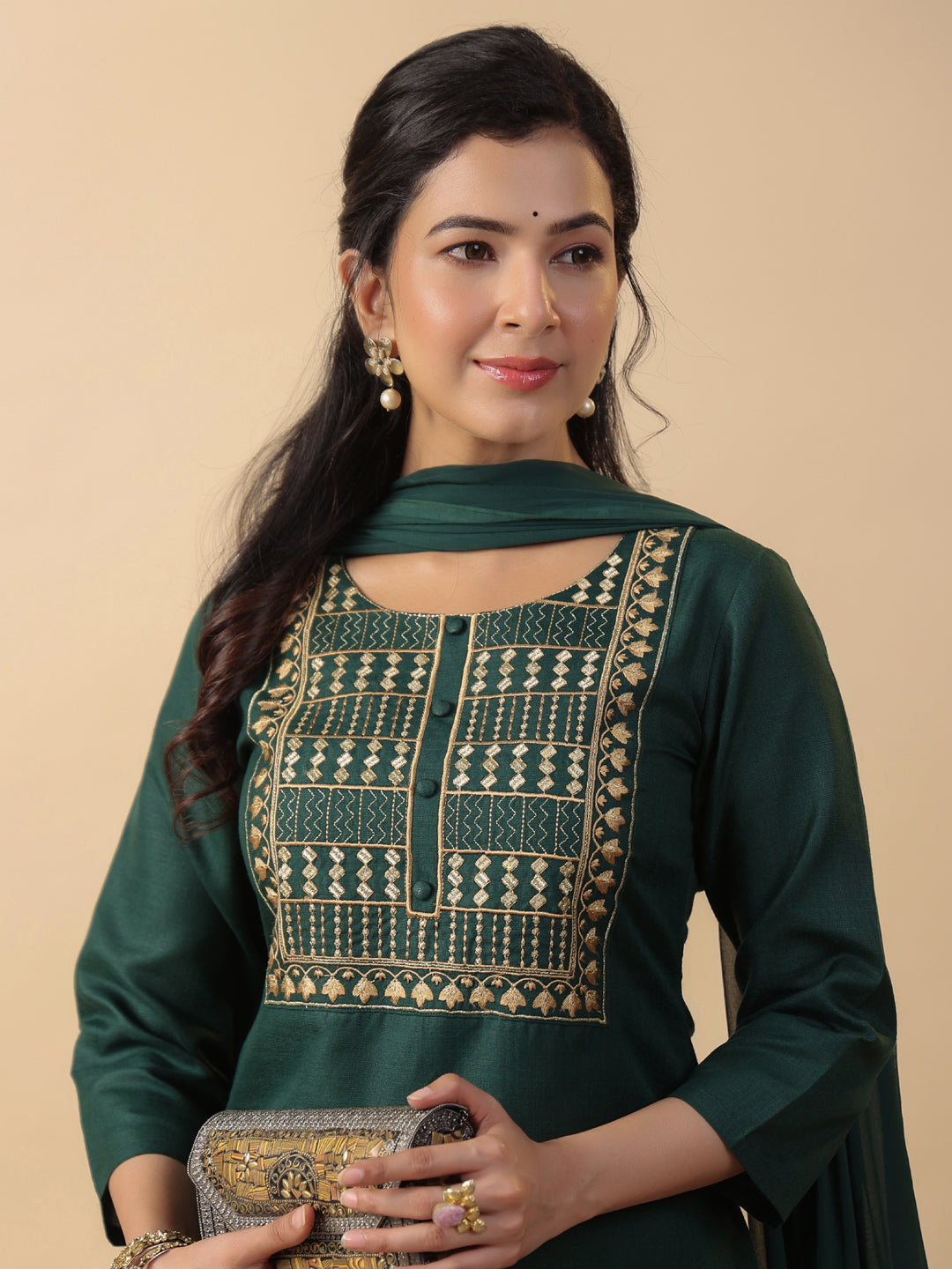 Janasya Straight Magics Slub Dark Green Yoke Embroidery Round Neck Kurta,Bottom & Dupatta | Grocsy