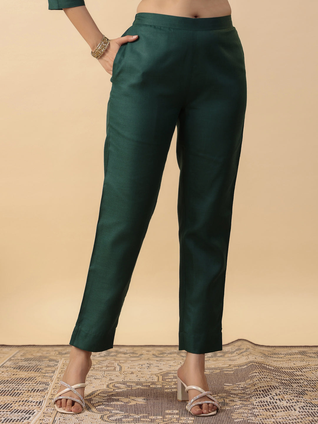 Janasya Straight Magics Slub Dark Green Yoke Embroidery Round Neck Kurta,Bottom & Dupatta | Grocsy