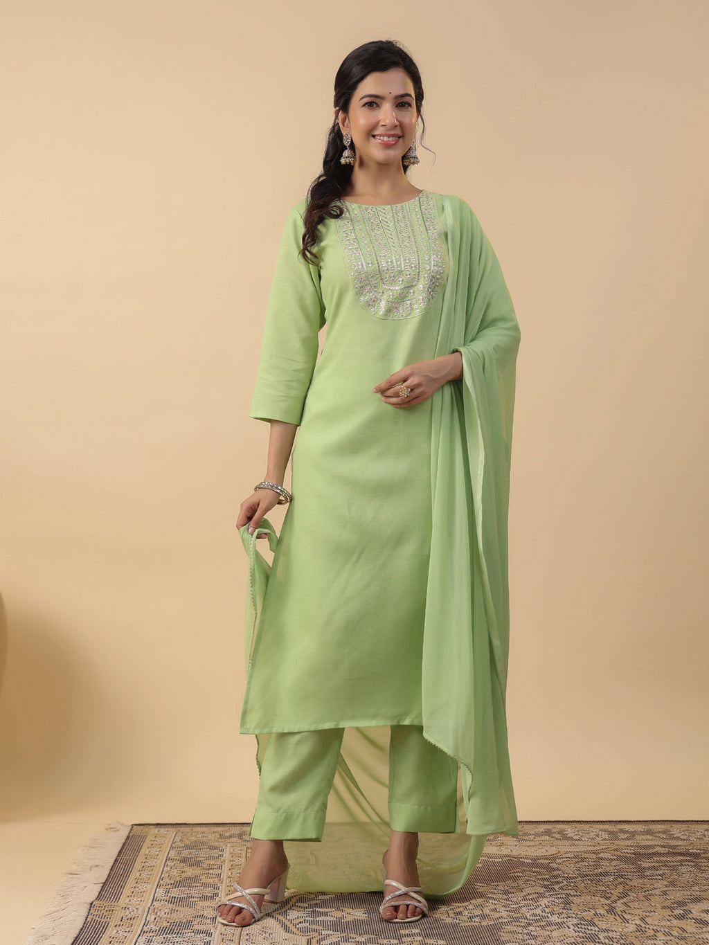 Janasya Straight Magics Slub Green Embroidered Round Neck Kurta,Bottom & Dupatta | Grocsy