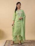 Janasya Straight Magics Slub Green Embroidered Round Neck Kurta,Bottom & Dupatta | Grocsy