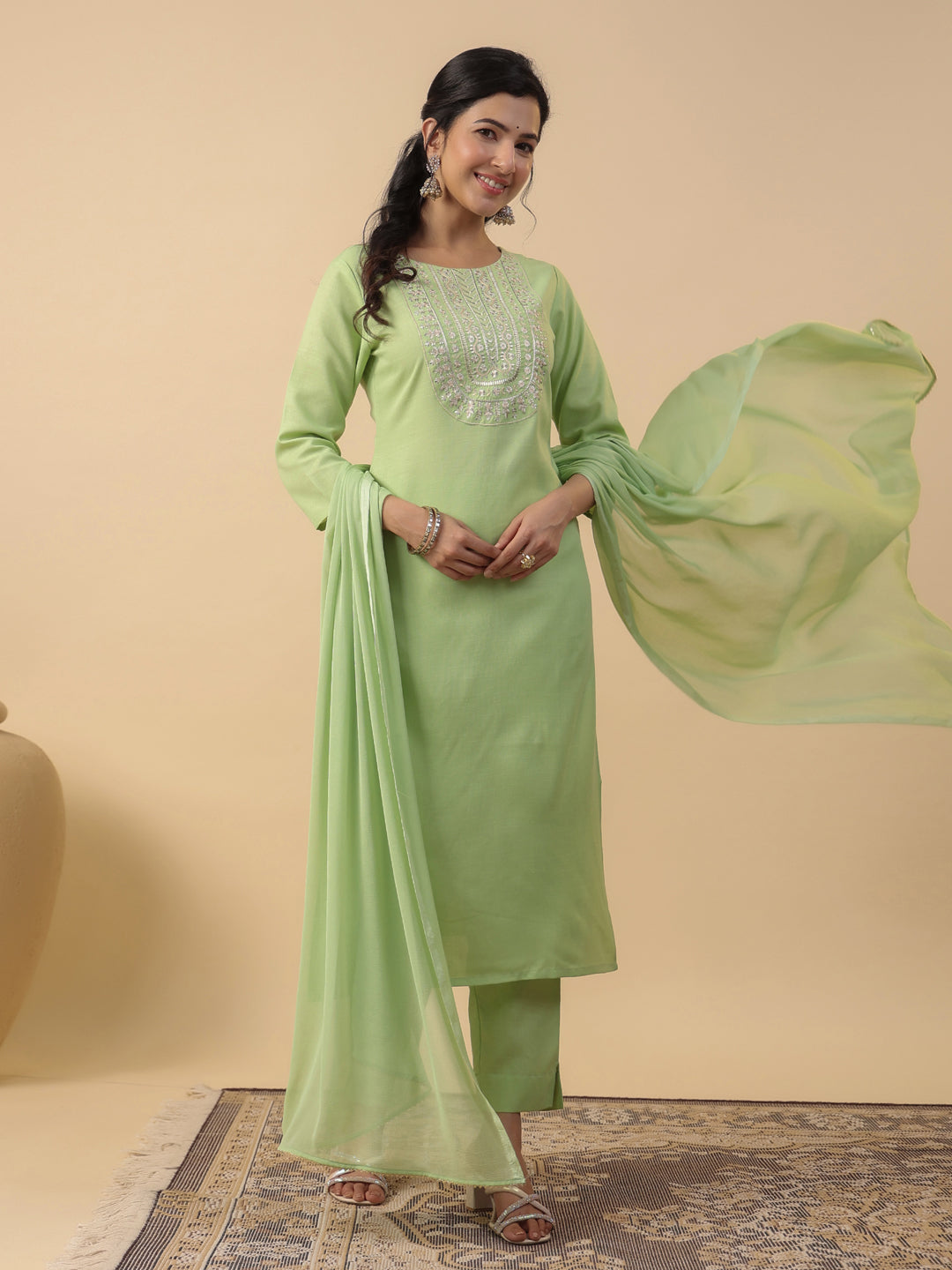 Janasya Straight Magics Slub Green Embroidered Round Neck Kurta,Bottom & Dupatta | Grocsy