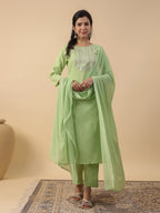 Janasya Straight Magics Slub Green Embroidered Round Neck Kurta,Bottom & Dupatta | Grocsy