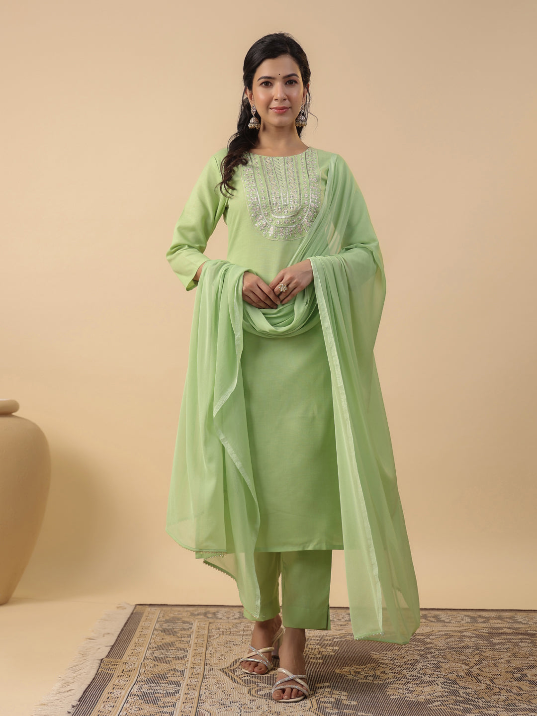 Janasya Straight Magics Slub Green Embroidered Round Neck Kurta,Bottom & Dupatta | Grocsy