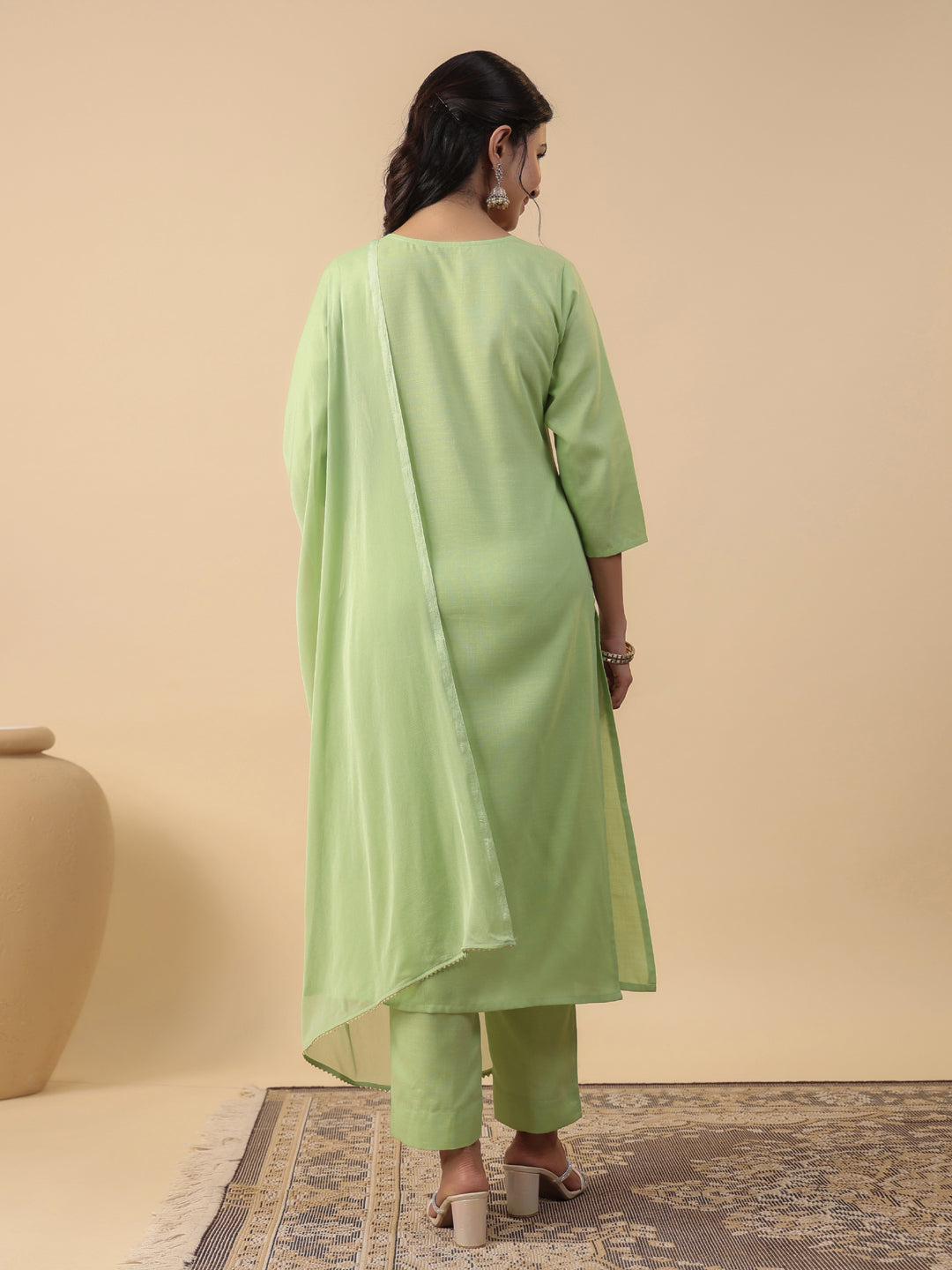 Janasya Straight Magics Slub Green Embroidered Round Neck Kurta,Bottom & Dupatta | Grocsy