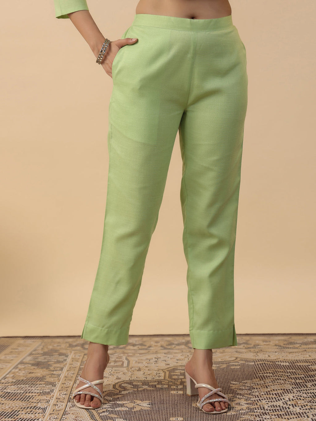 Janasya Straight Magics Slub Green Embroidered Round Neck Kurta,Bottom & Dupatta | Grocsy
