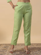 Janasya Straight Magics Slub Green Embroidered Round Neck Kurta,Bottom & Dupatta | Grocsy