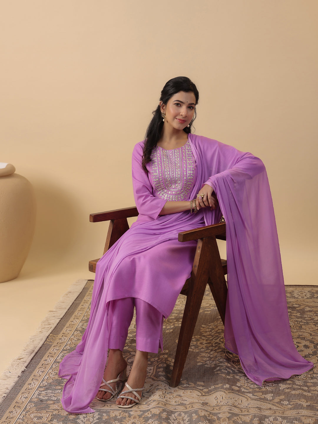 Janasya Straight Magics Slub Lavender Embroidered Round Neck Kurta,Bottom & Dupatta | Grocsy