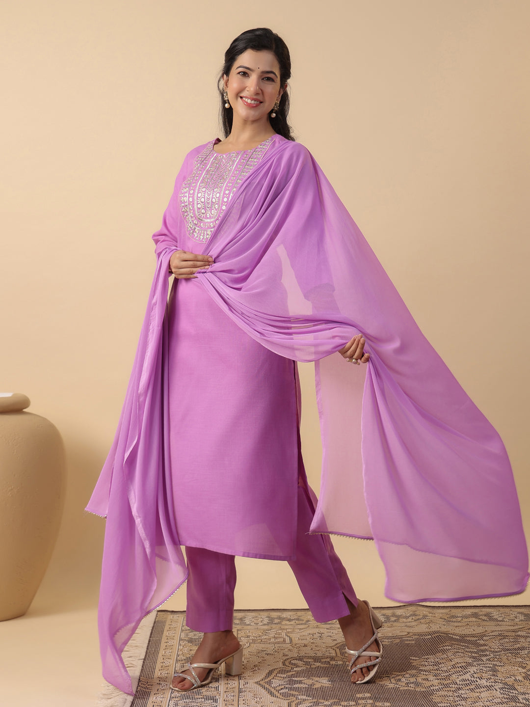 Janasya Straight Magics Slub Lavender Embroidered Round Neck Kurta,Bottom & Dupatta | Grocsy