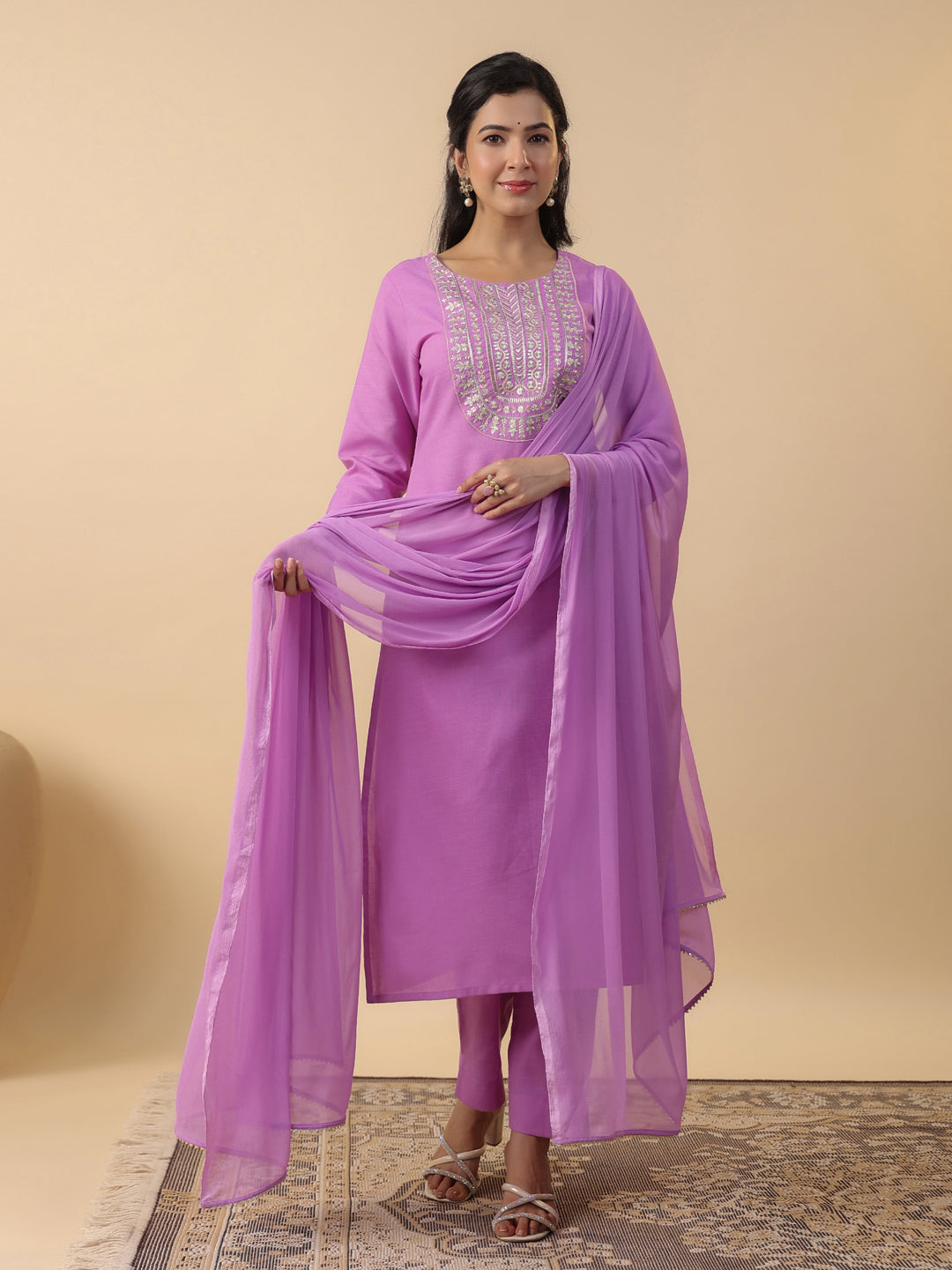 Janasya Straight Magics Slub Lavender Embroidered Round Neck Kurta,Bottom & Dupatta | Grocsy