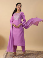Janasya Straight Magics Slub Lavender Embroidered Round Neck Kurta,Bottom & Dupatta | Grocsy