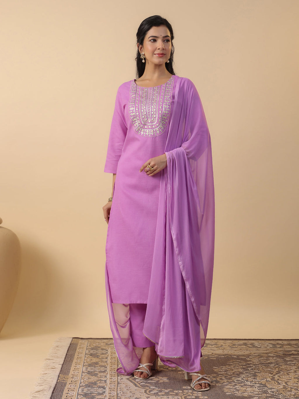Janasya Straight Magics Slub Lavender Embroidered Round Neck Kurta,Bottom & Dupatta | Grocsy