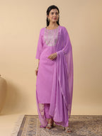 Janasya Straight Magics Slub Lavender Embroidered Round Neck Kurta,Bottom & Dupatta | Grocsy