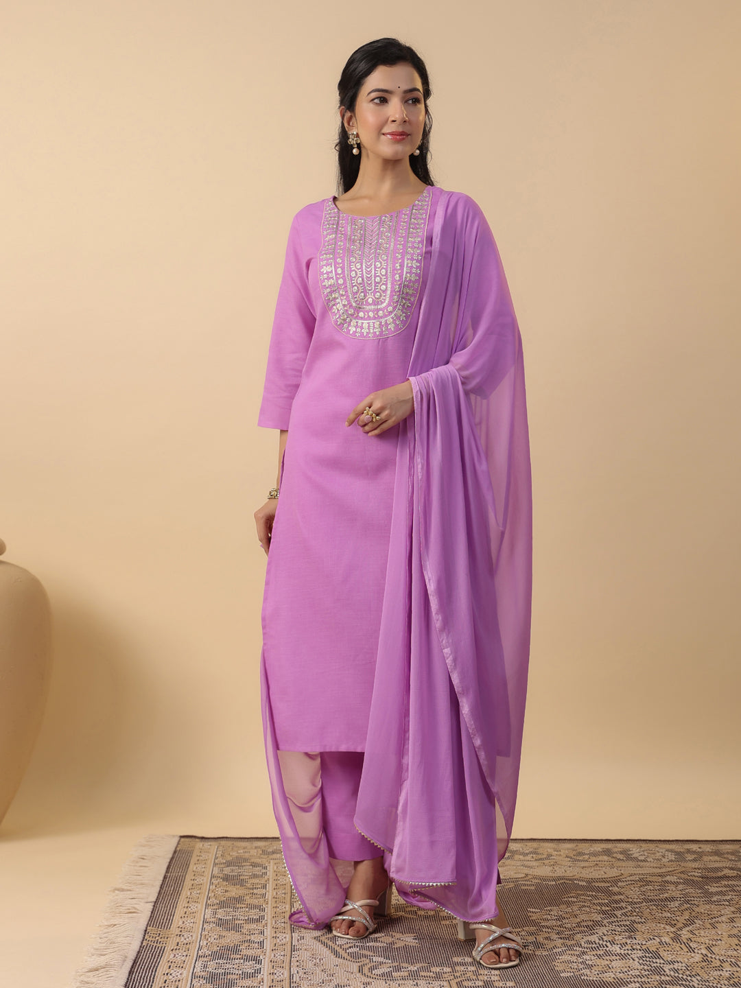 Janasya Straight Magics Slub Lavender Embroidered Round Neck Kurta,Bottom & Dupatta | Grocsy