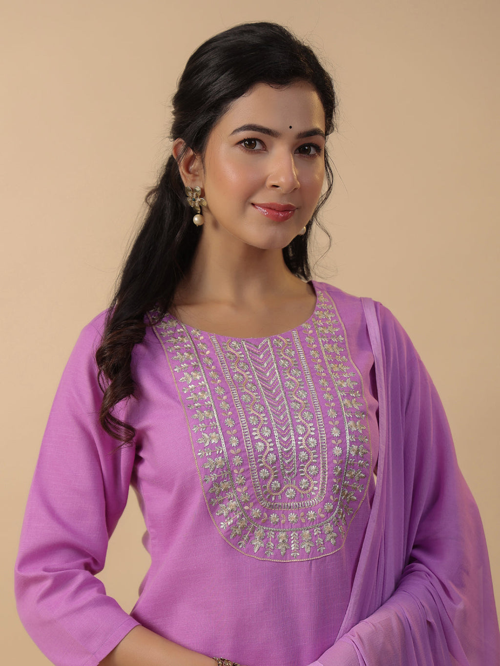 Janasya Straight Magics Slub Lavender Embroidered Round Neck Kurta,Bottom & Dupatta | Grocsy