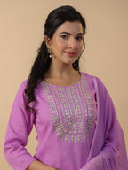 Janasya Straight Magics Slub Lavender Embroidered Round Neck Kurta,Bottom & Dupatta | Grocsy