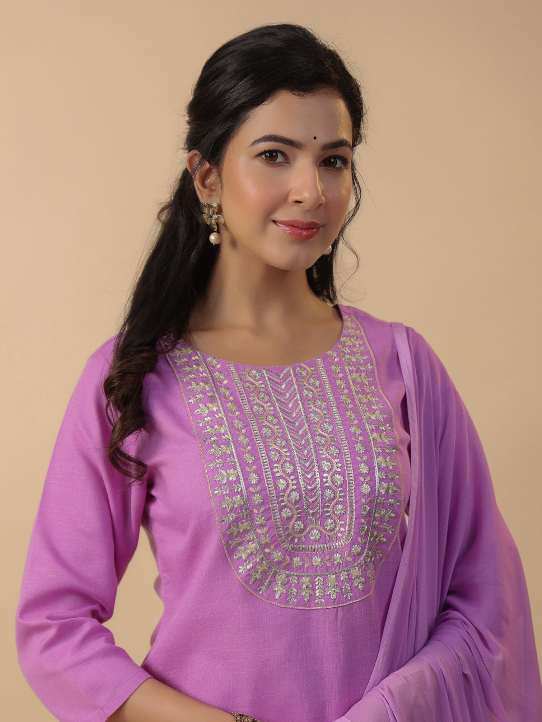 Janasya Straight Magics Slub Lavender Embroidered Round Neck Kurta,Bottom & Dupatta | Grocsy