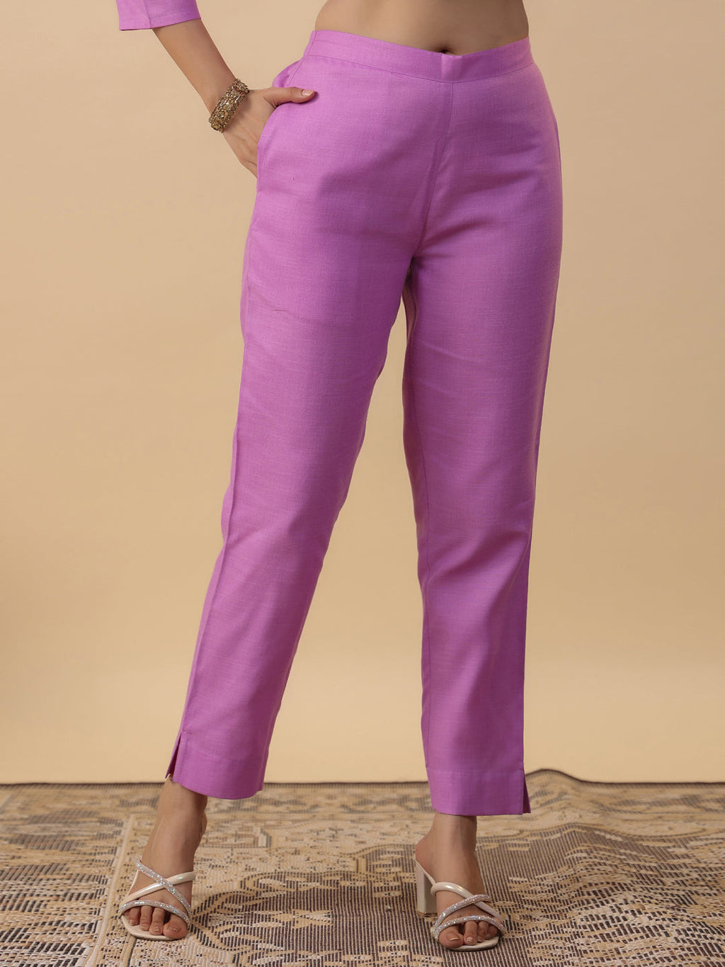 Janasya Straight Magics Slub Lavender Embroidered Round Neck Kurta,Bottom & Dupatta | Grocsy