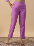 Janasya Straight Magics Slub Lavender Embroidered Round Neck Kurta,Bottom & Dupatta | Grocsy