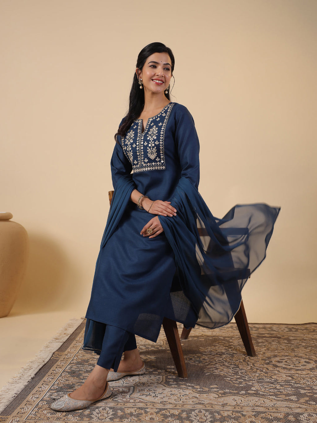 Janasya Straight Magics Slub Navy Blue Embroidered Notch Neck Kurta,Bottom & Dupatta | Grocsy