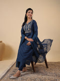 Janasya Straight Magics Slub Navy Blue Embroidered Notch Neck Kurta,Bottom & Dupatta | Grocsy
