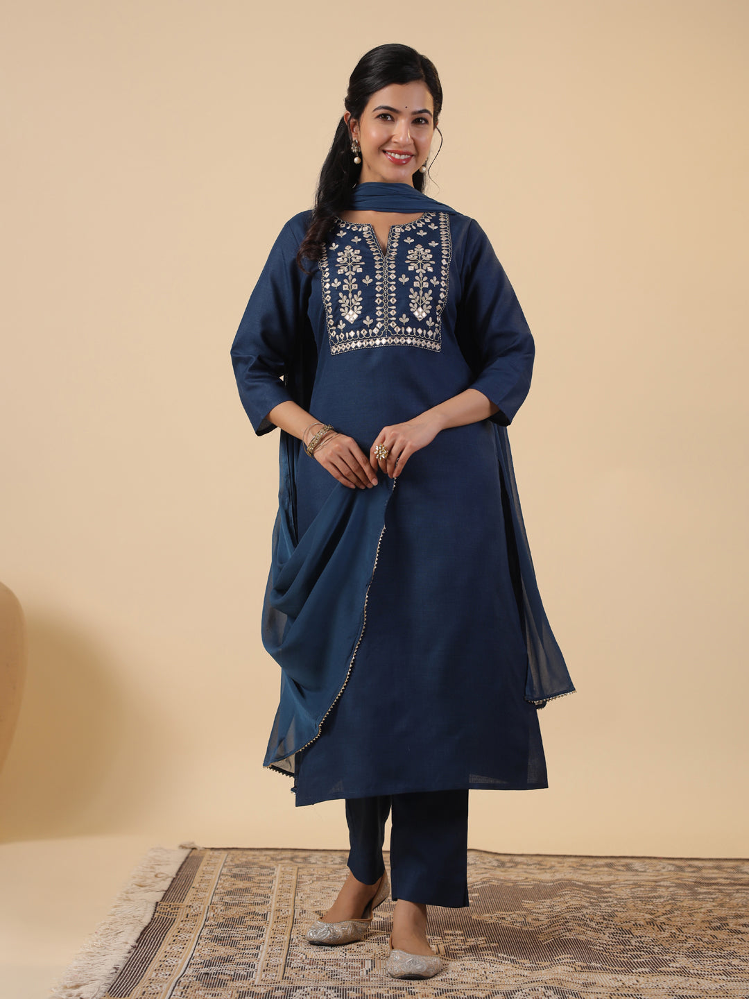 Janasya Straight Magics Slub Navy Blue Embroidered Notch Neck Kurta,Bottom & Dupatta | Grocsy