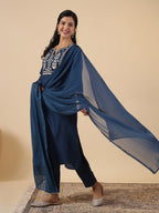 Janasya Straight Magics Slub Navy Blue Embroidered Notch Neck Kurta,Bottom & Dupatta | Grocsy