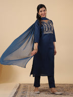 Janasya Straight Magics Slub Navy Blue Embroidered Notch Neck Kurta,Bottom & Dupatta | Grocsy