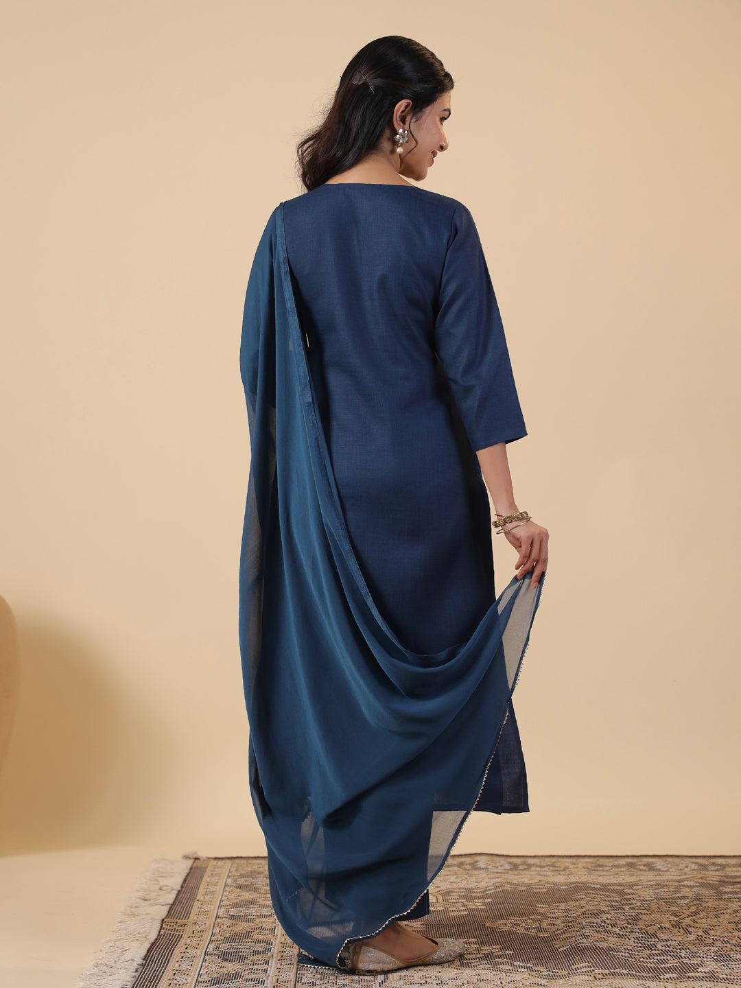 Janasya Straight Magics Slub Navy Blue Embroidered Notch Neck Kurta,Bottom & Dupatta | Grocsy