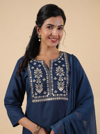 Janasya Straight Magics Slub Navy Blue Embroidered Notch Neck Kurta,Bottom & Dupatta | Grocsy