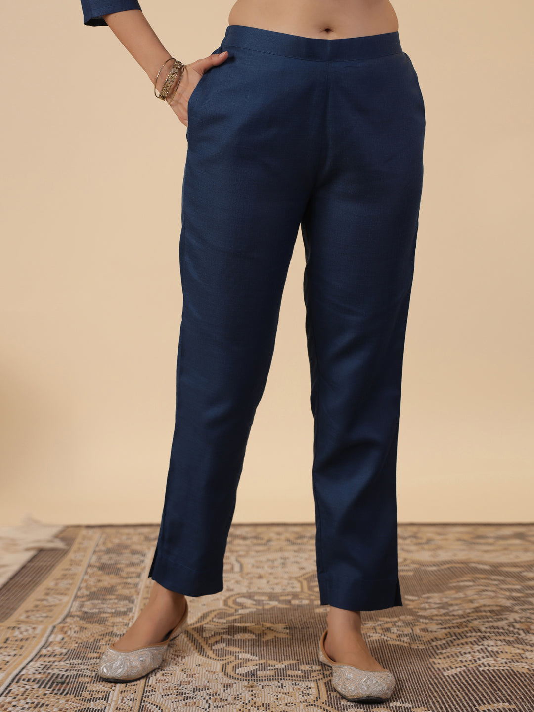 Janasya Straight Magics Slub Navy Blue Embroidered Notch Neck Kurta,Bottom & Dupatta | Grocsy