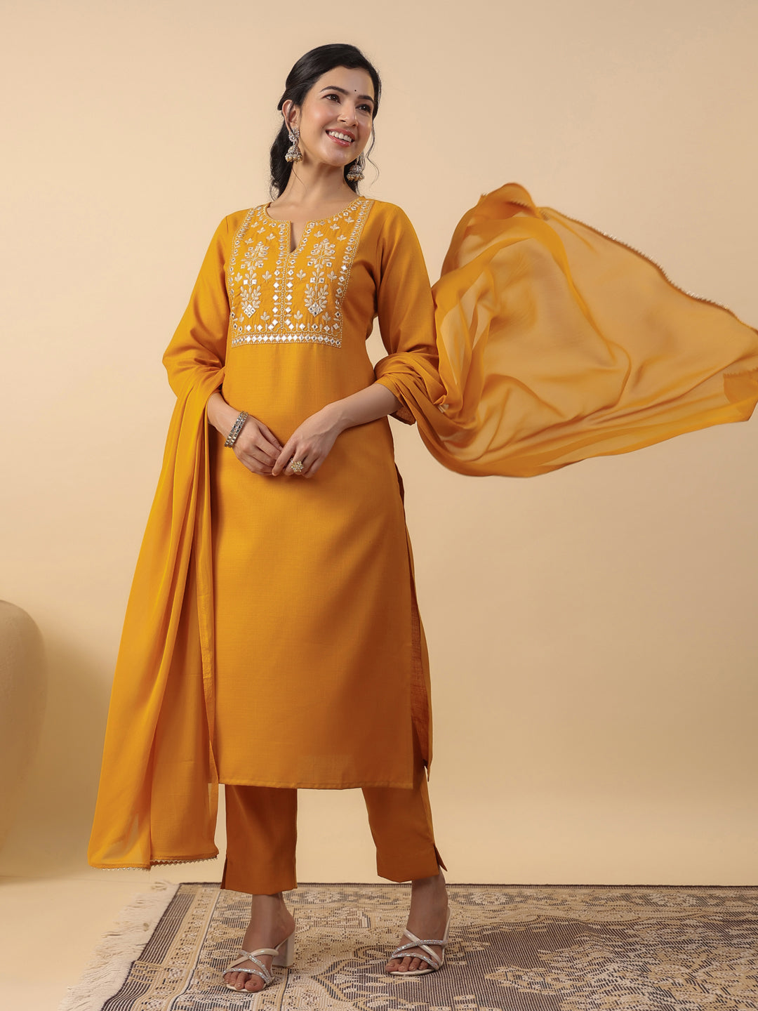 Janasya Straight Magics Slub Mustard Embroidered Notch Neck Kurta,Bottom & Dupatta | Grocsy
