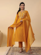 Janasya Straight Magics Slub Mustard Embroidered Notch Neck Kurta,Bottom & Dupatta | Grocsy
