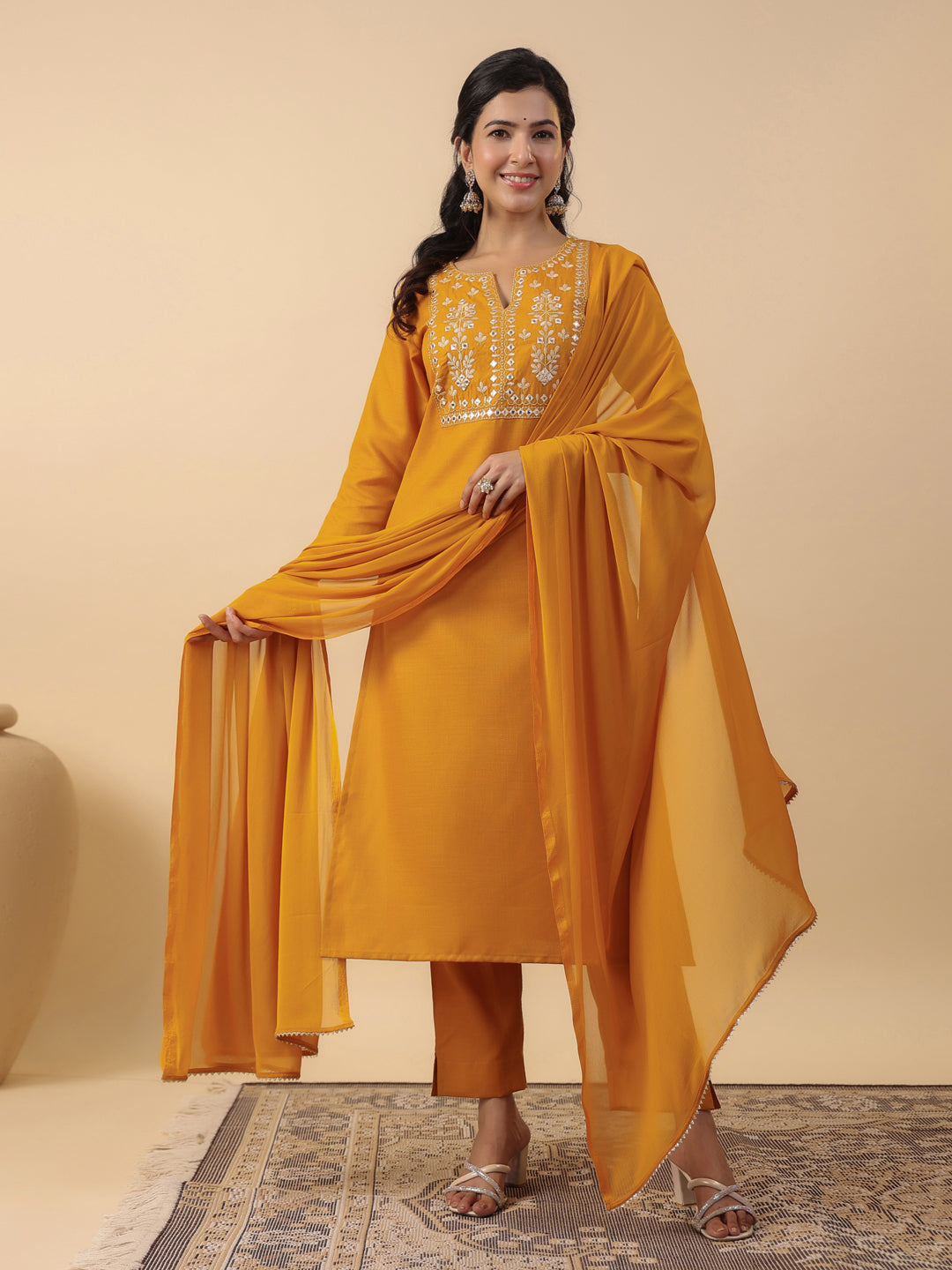 Janasya Straight Magics Slub Mustard Embroidered Notch Neck Kurta,Bottom & Dupatta | Grocsy