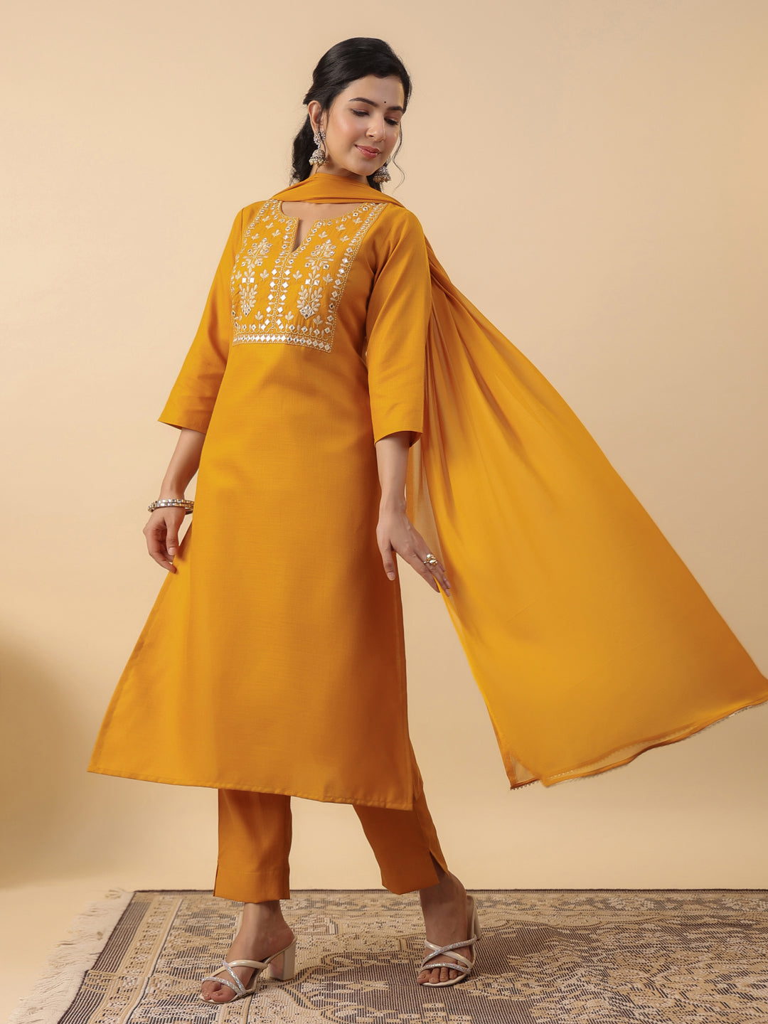 Janasya Straight Magics Slub Mustard Embroidered Notch Neck Kurta,Bottom & Dupatta | Grocsy