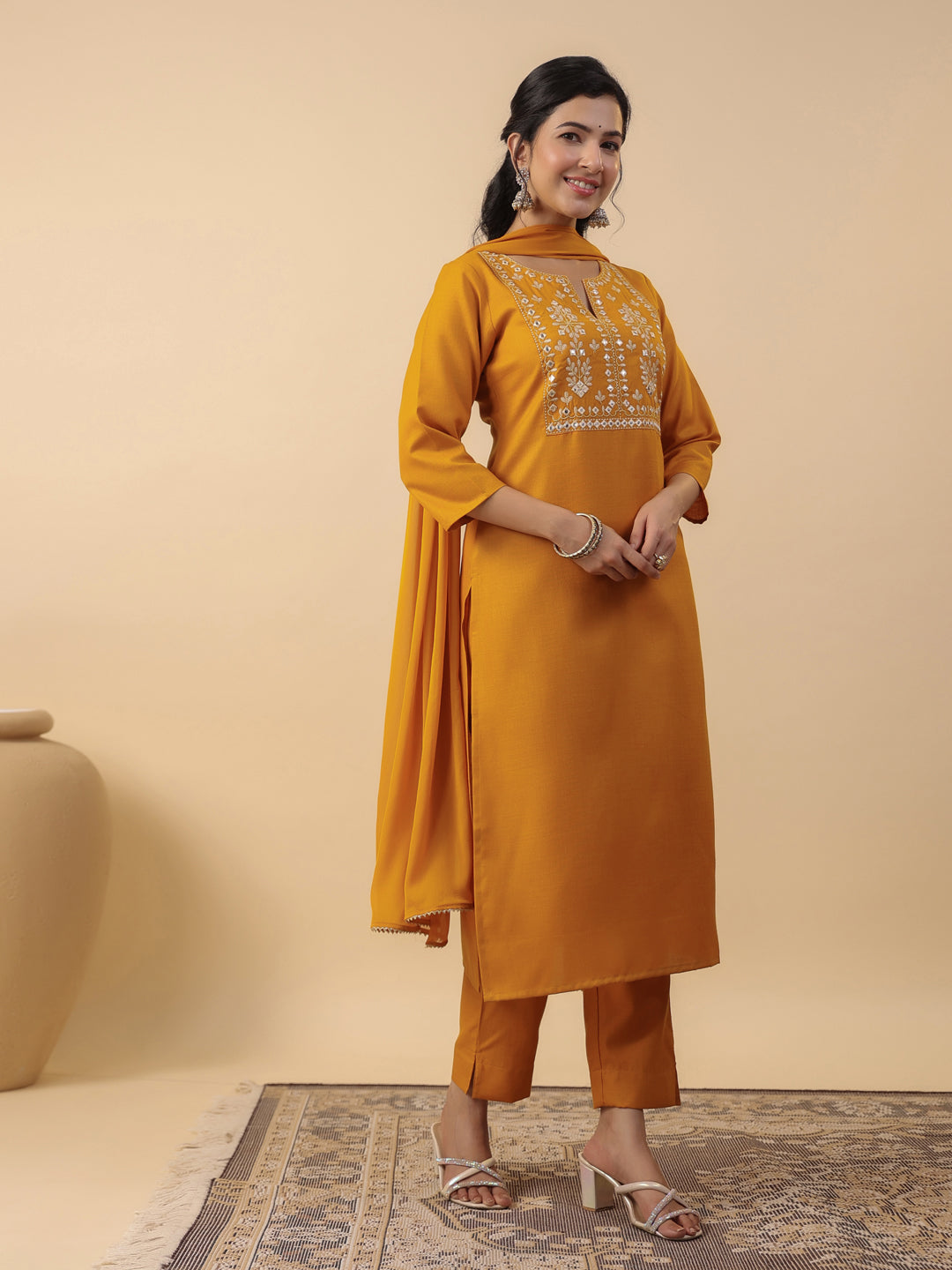 Janasya Straight Magics Slub Mustard Embroidered Notch Neck Kurta,Bottom & Dupatta | Grocsy