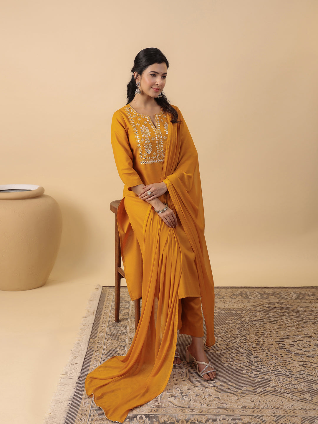 Janasya Straight Magics Slub Mustard Embroidered Notch Neck Kurta,Bottom & Dupatta | Grocsy